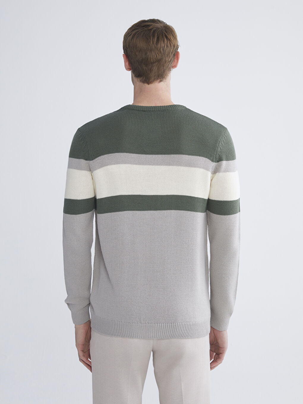 Yeşil Bisiklet Yaka Uzun Kollu Renk Bloklu Erkek Triko Kazak-3