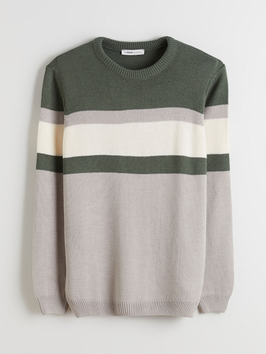 Yeşil Bisiklet Yaka Uzun Kollu Renk Bloklu Erkek Triko Kazak-4