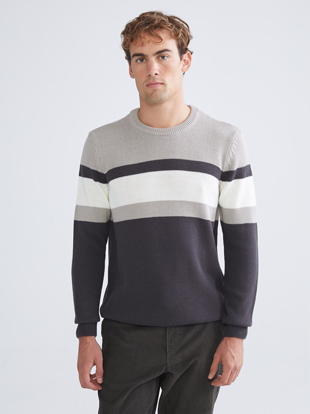 Antrasit Bisiklet Yaka Uzun Kollu Renk Bloklu Erkek Triko Kazak