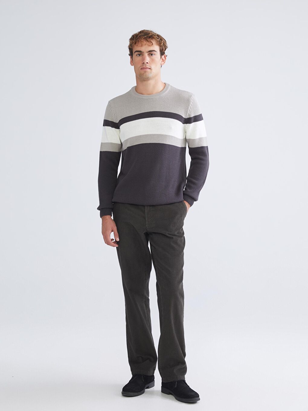 Antrasit Bisiklet Yaka Uzun Kollu Renk Bloklu Erkek Triko Kazak-1