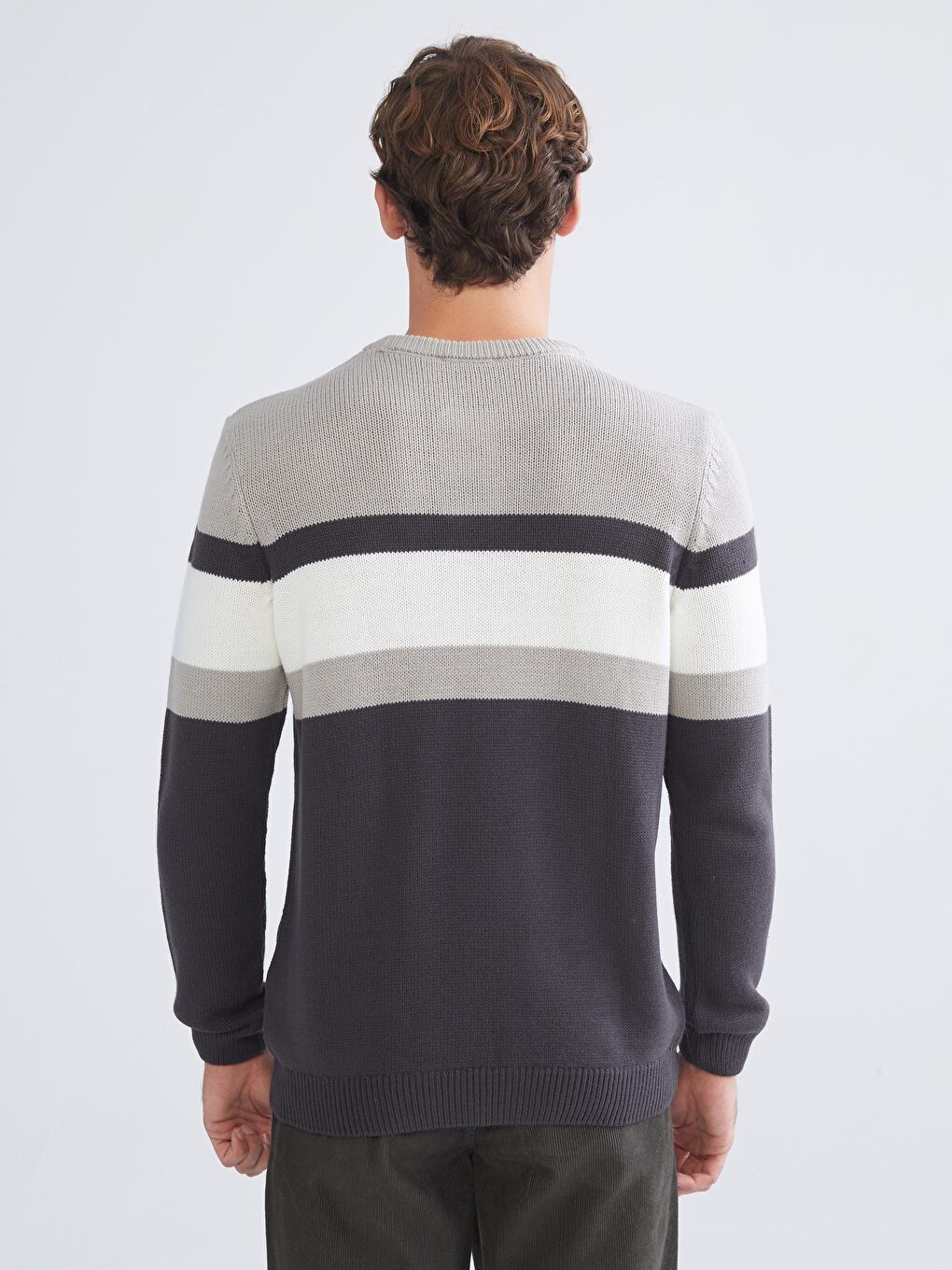 Antrasit Bisiklet Yaka Uzun Kollu Renk Bloklu Erkek Triko Kazak-3