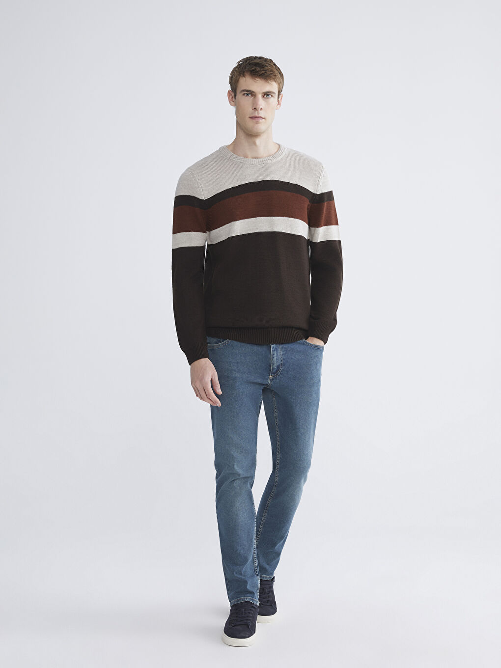 Kahverengi Bisiklet Yaka Uzun Kollu Renk Bloklu Erkek Triko Kazak-1