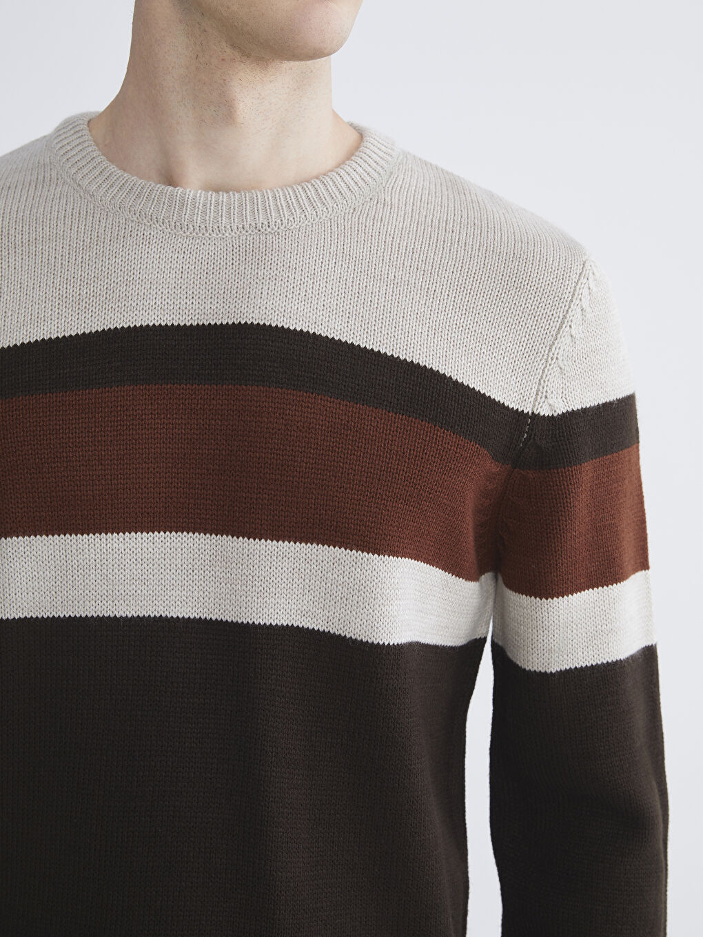 Kahverengi Bisiklet Yaka Uzun Kollu Renk Bloklu Erkek Triko Kazak-2