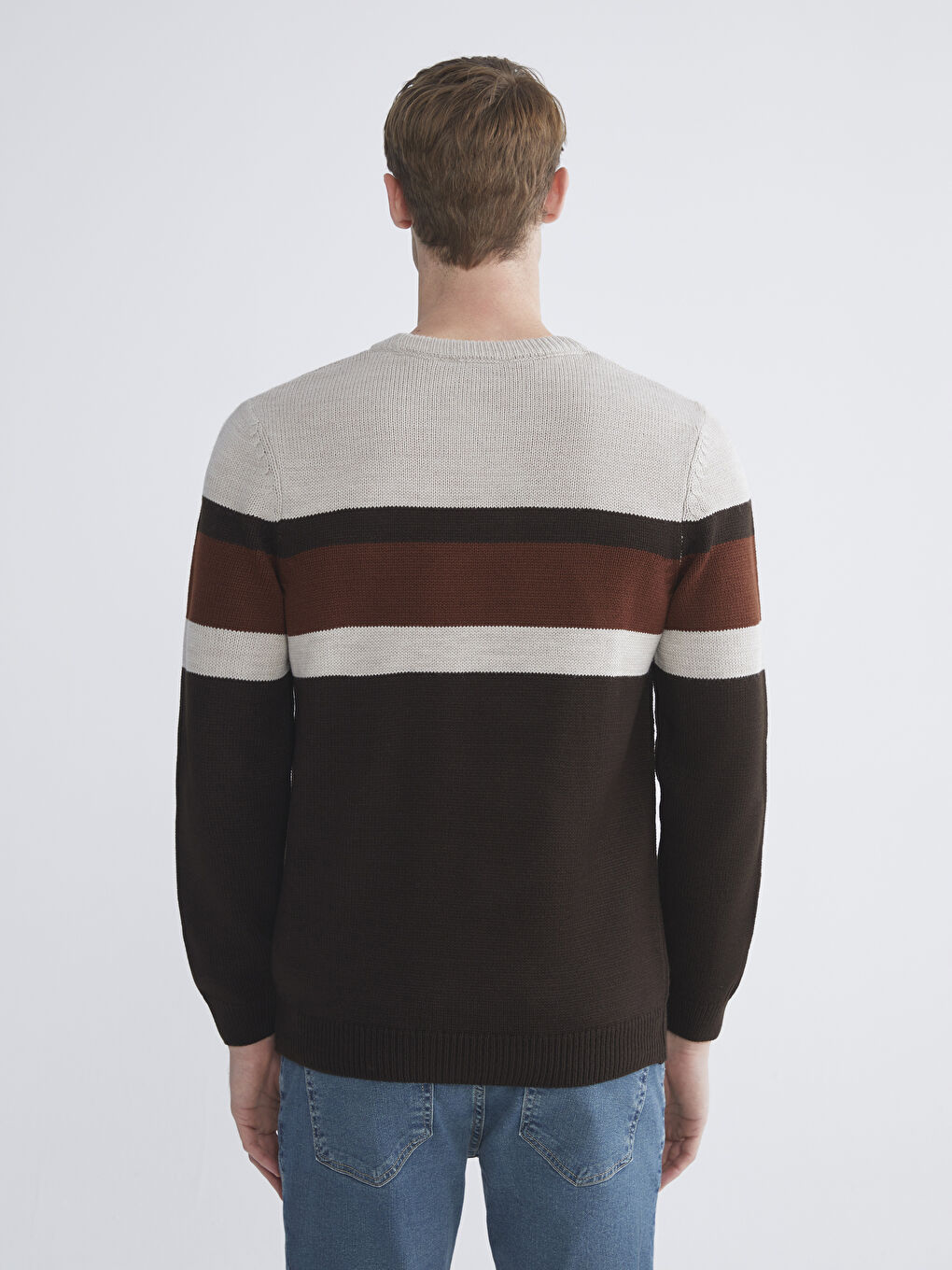 Kahverengi Bisiklet Yaka Uzun Kollu Renk Bloklu Erkek Triko Kazak-3