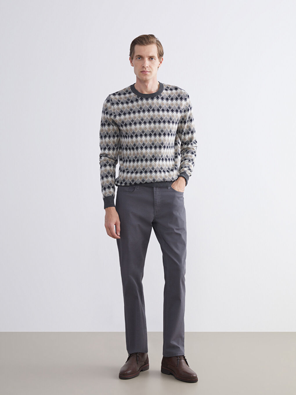 Crew Neck Long Sleeve Patterned Men's Knitwear Sweater-1