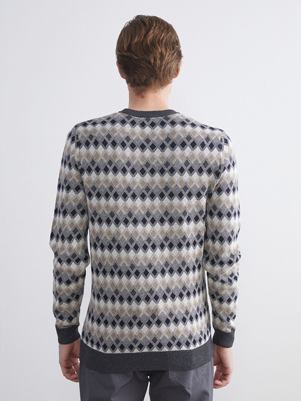 Crew Neck Long Sleeve Patterned Men's Knitwear Sweater-3