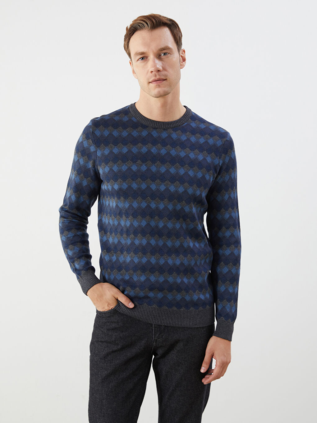 Crew Neck Long Sleeve Patterned Men's Knitwear Sweater -W52467Z8-CS6