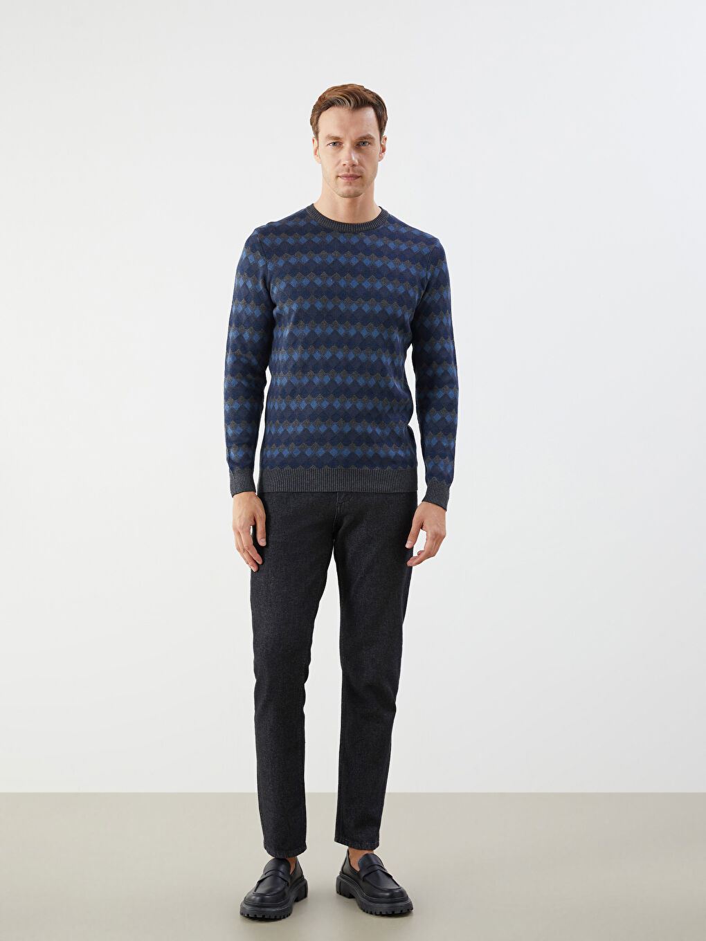 Crew Neck Long Sleeve Patterned Men's Knitwear Sweater -W52467Z8-CS6