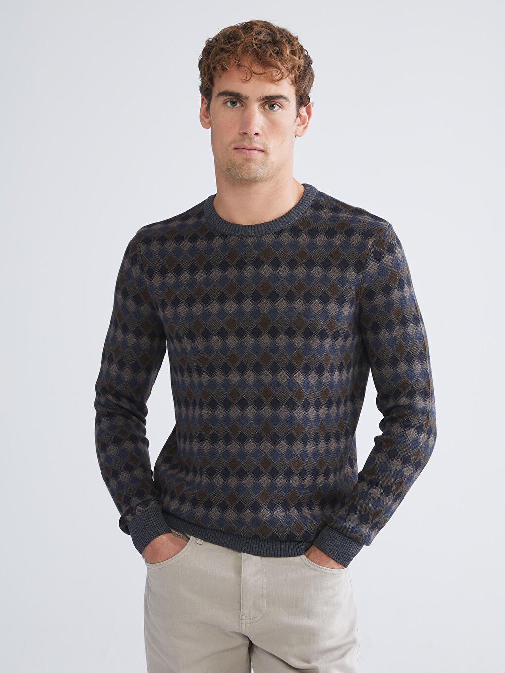 Crew Neck Long Sleeve Patterned Men's Knitwear Sweater-1