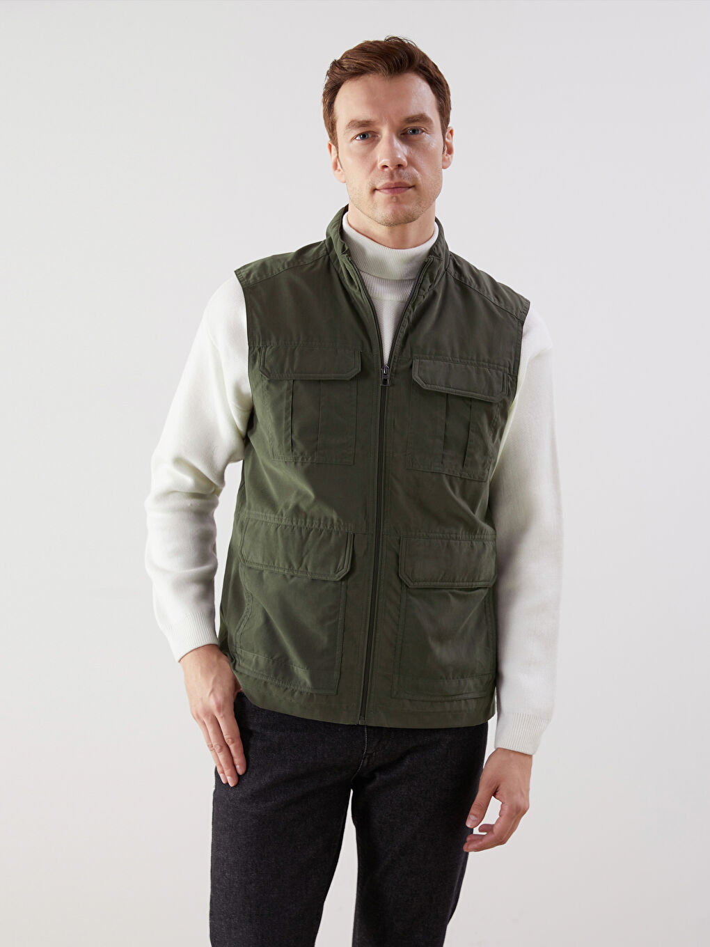 Haki Standart Kalıp Dik Yaka Erkek Avcı Yeleği