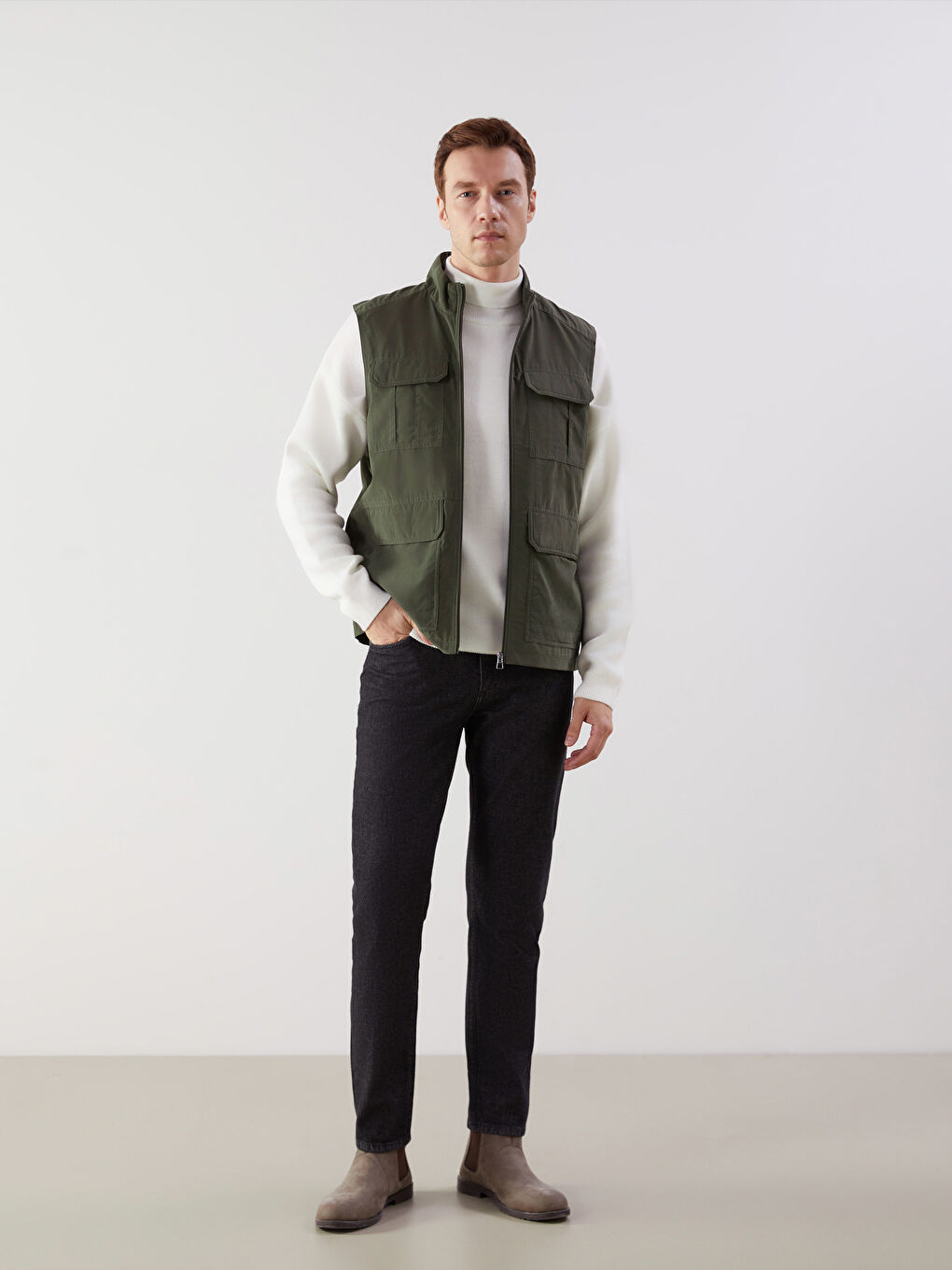 Haki Standart Kalıp Dik Yaka Erkek Avcı Yeleği-1