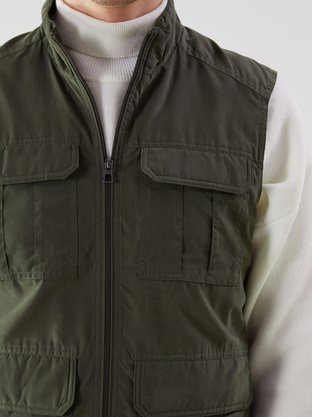 Haki Standart Kalıp Dik Yaka Erkek Avcı Yeleği-2