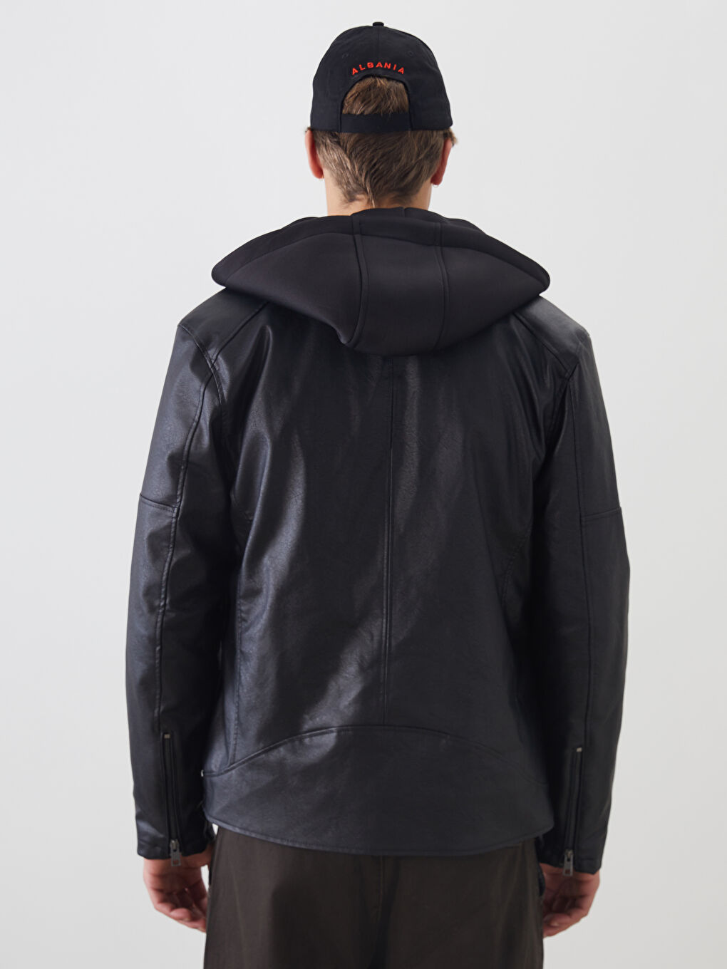Siyah Slim Fit Kapüşonlu Erkek Deri Görünümlü Ceket-4