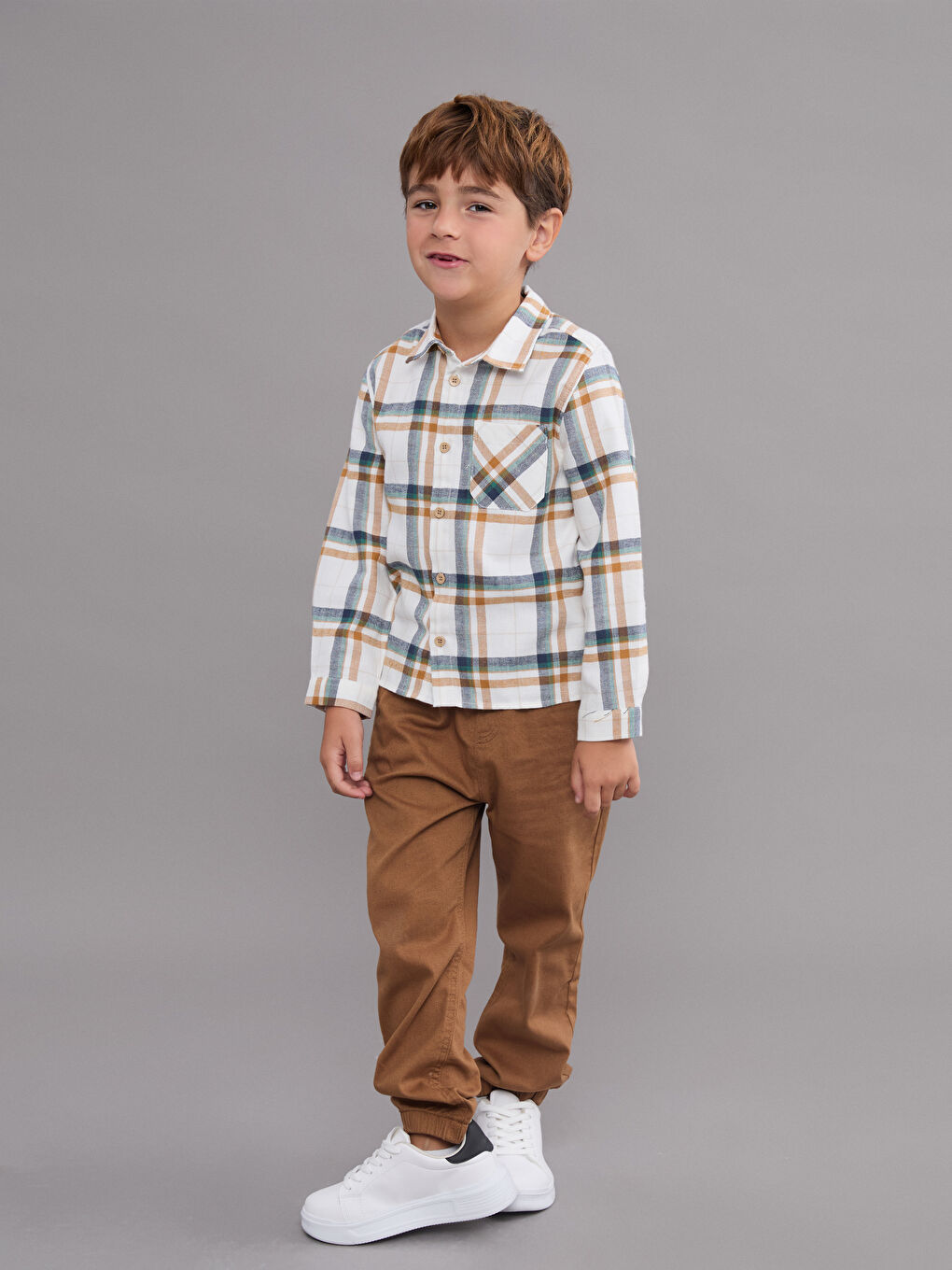 Sarı Ekose Desenli Erkek Çocuk Gömlek-1