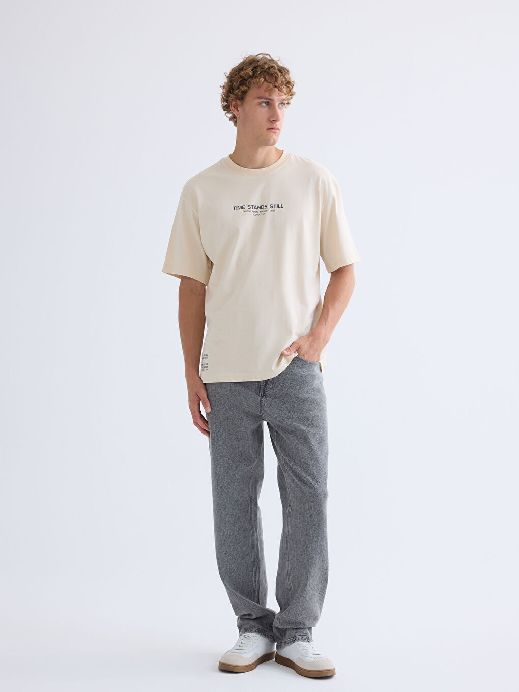 Bej Bisiklet Yaka Baskılı Erkek Tişört-1