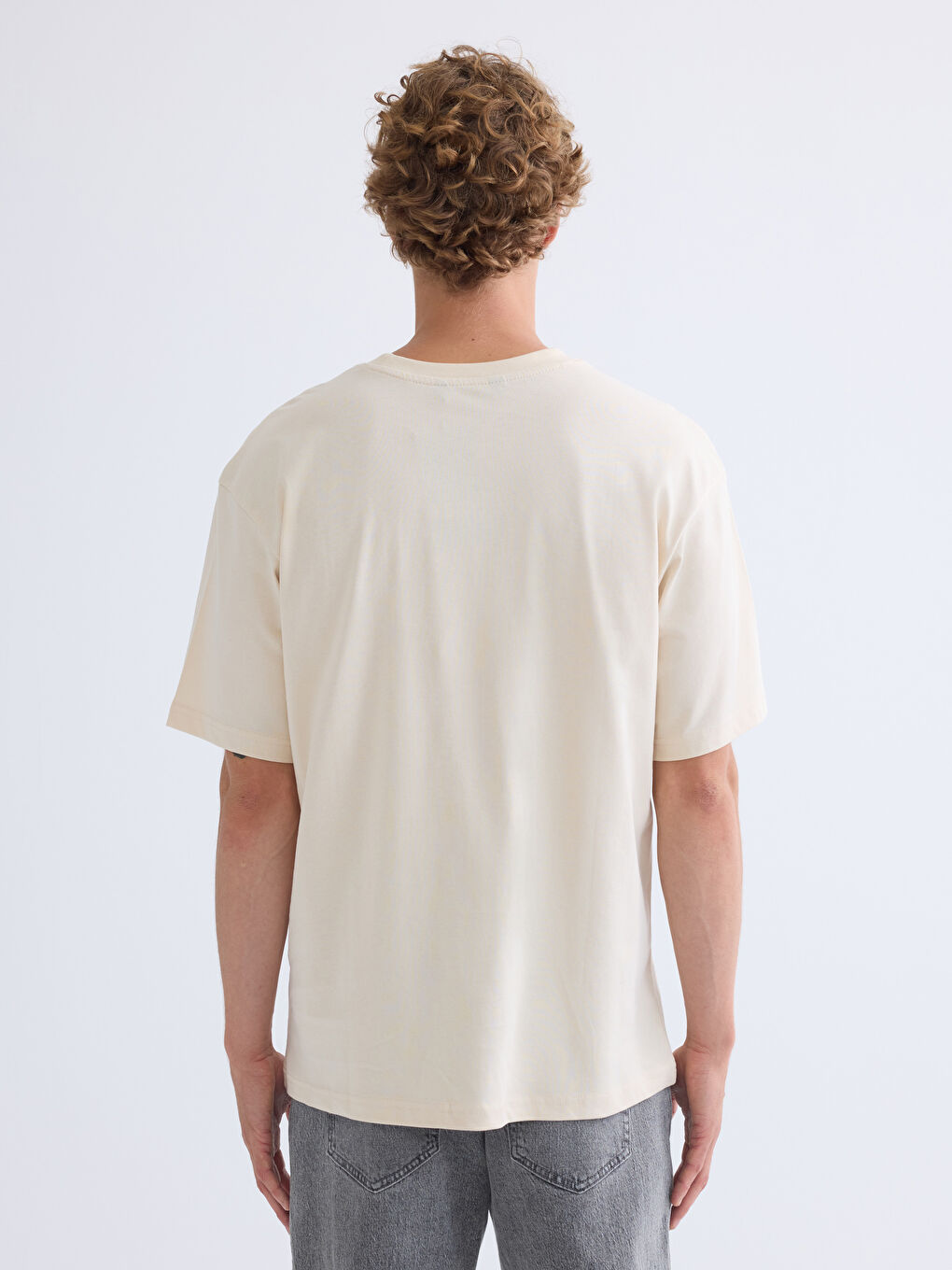 Bej Bisiklet Yaka Baskılı Erkek Tişört-3