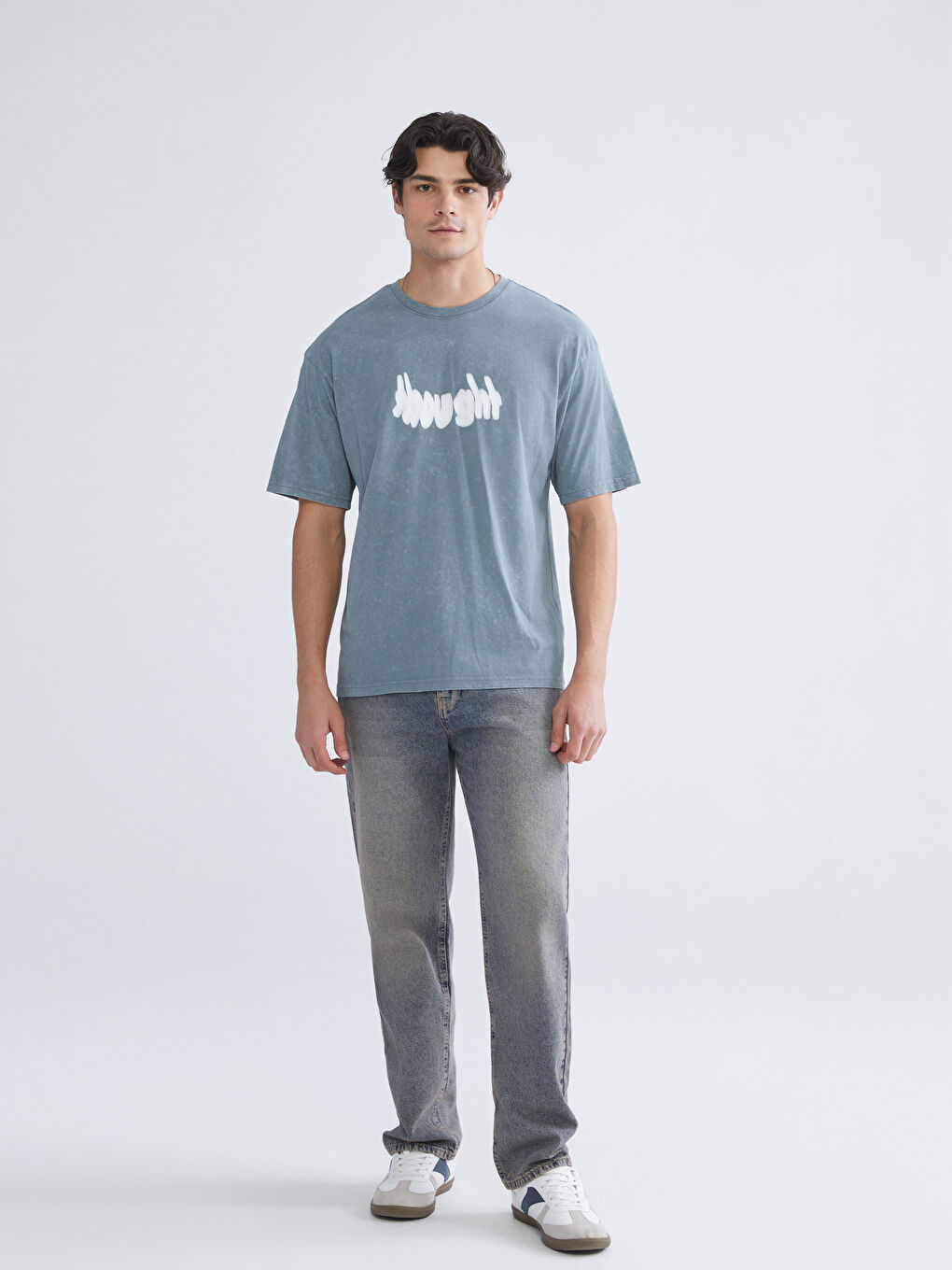 Mavi Bisiklet Yaka Baskılı Penye Erkek Tişört-1