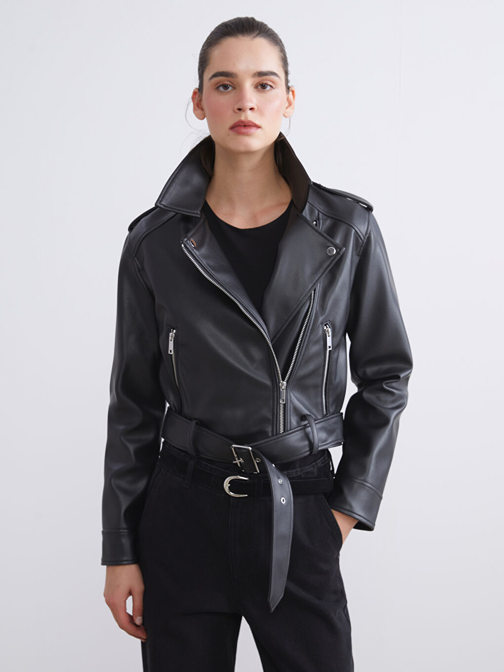 LCW Vision Biker Neck Women's Faux Leather Jacket -W52566Z8-CVL