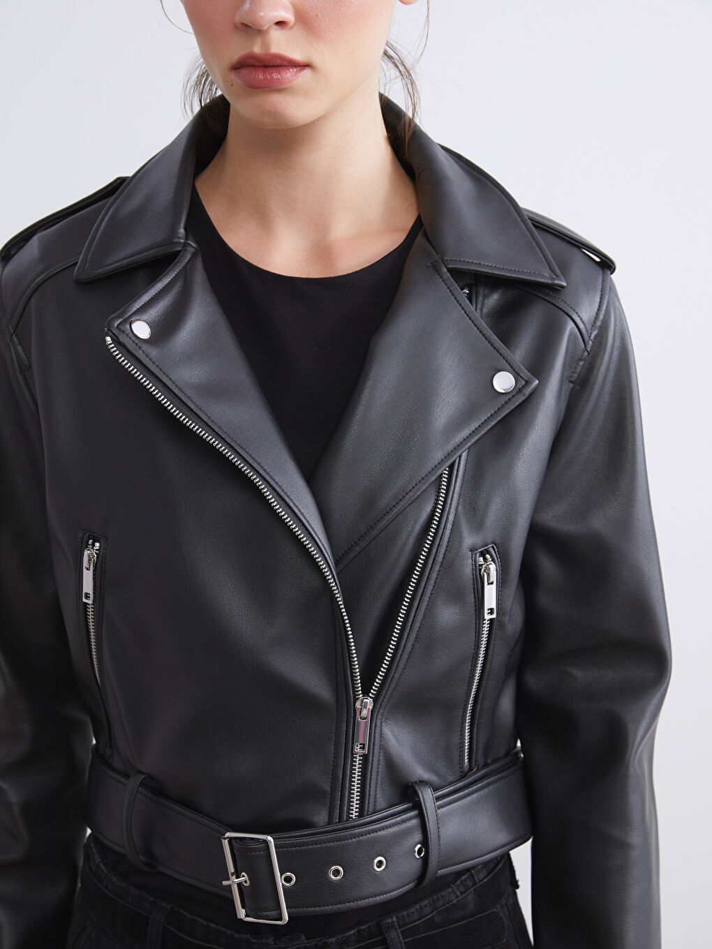 LCW Vision Biker Neck Women's Faux Leather Jacket -W52566Z8-CVL