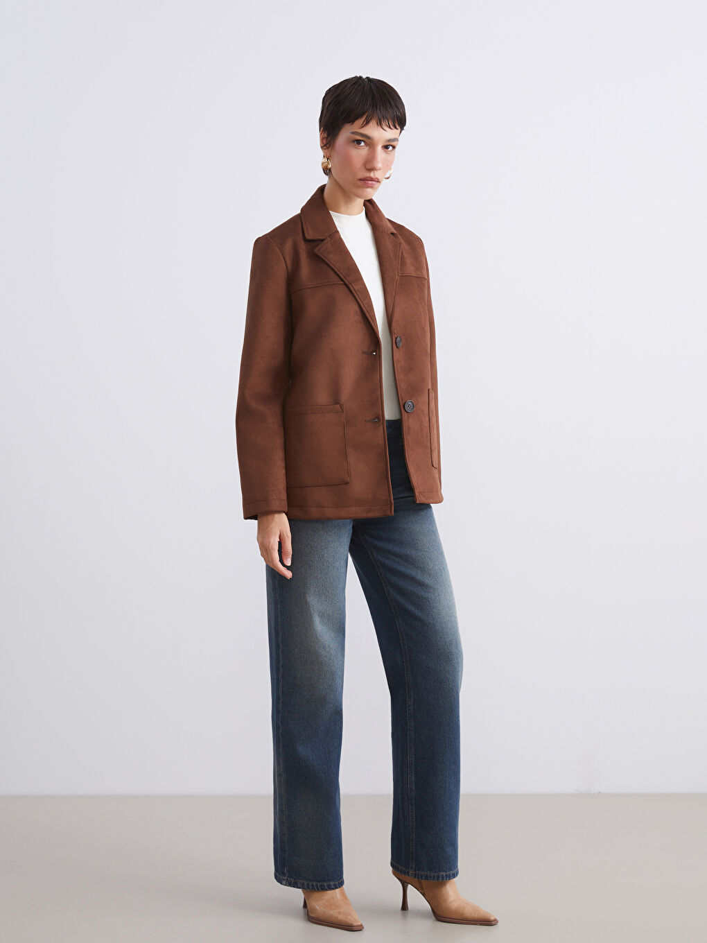 Kahverengi Süet Görünümlü Kadın Blazer Ceket-1