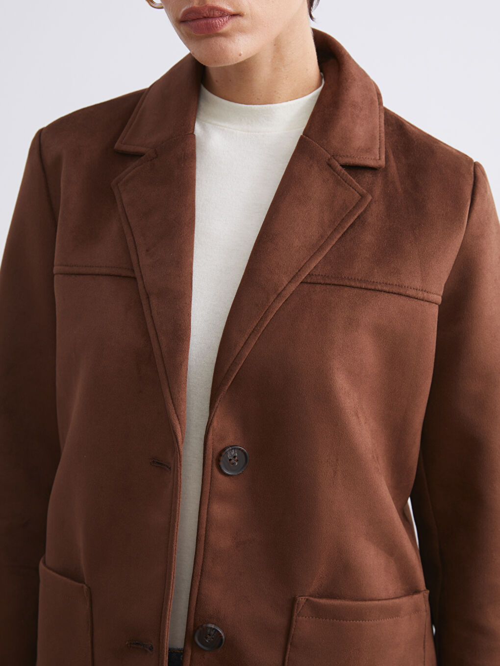 Kahverengi Süet Görünümlü Kadın Blazer Ceket-2