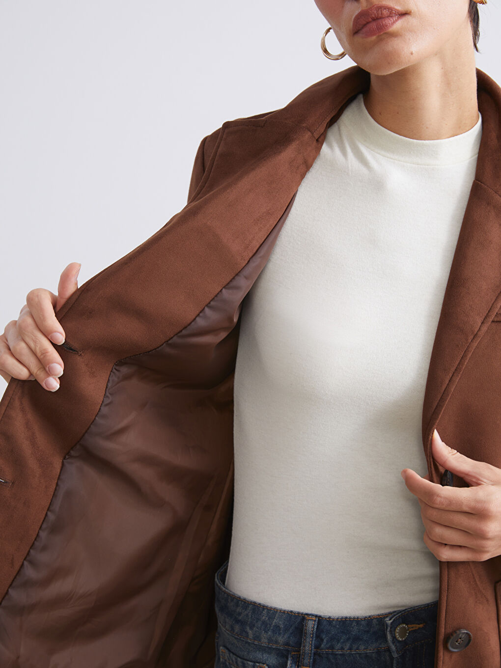 Kahverengi Süet Görünümlü Kadın Blazer Ceket-3