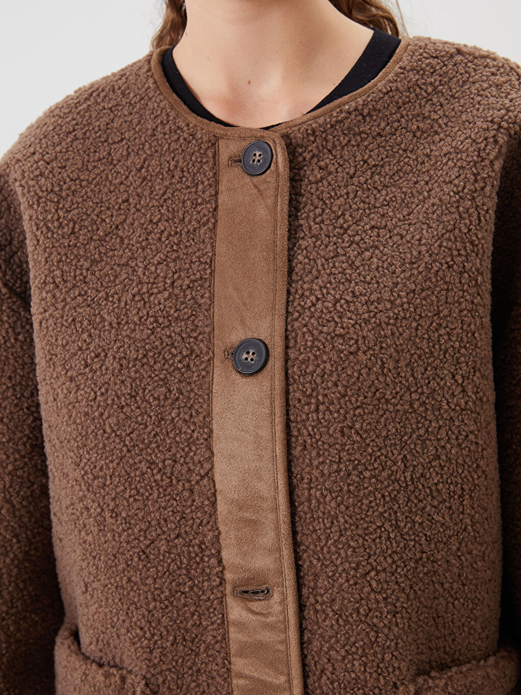 Kahverengi Bisiklet Yaka Kadın Pelüş Mont-2