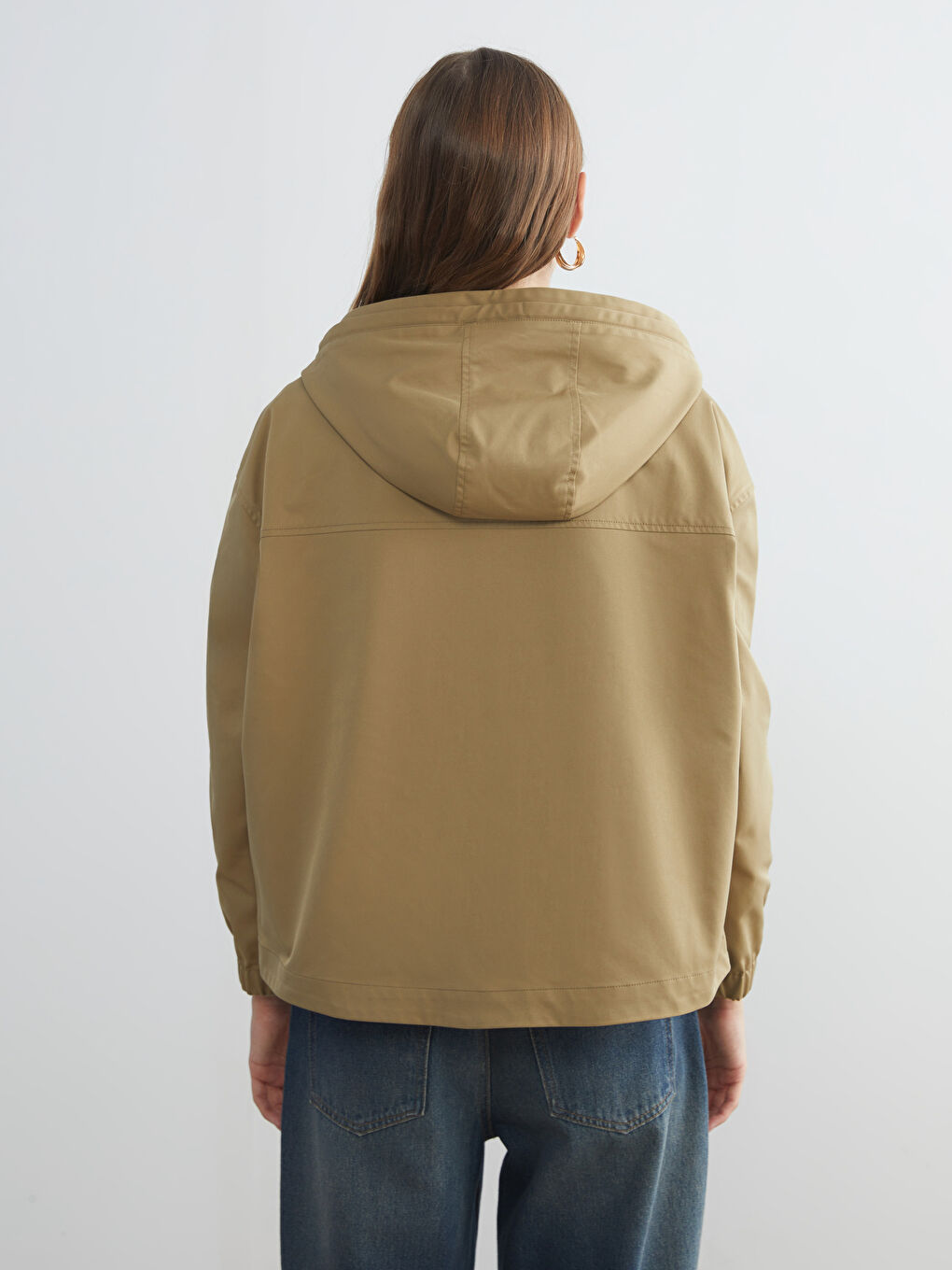 Haki Kapüşonlu Oversize Kadın Yağmurluk-4