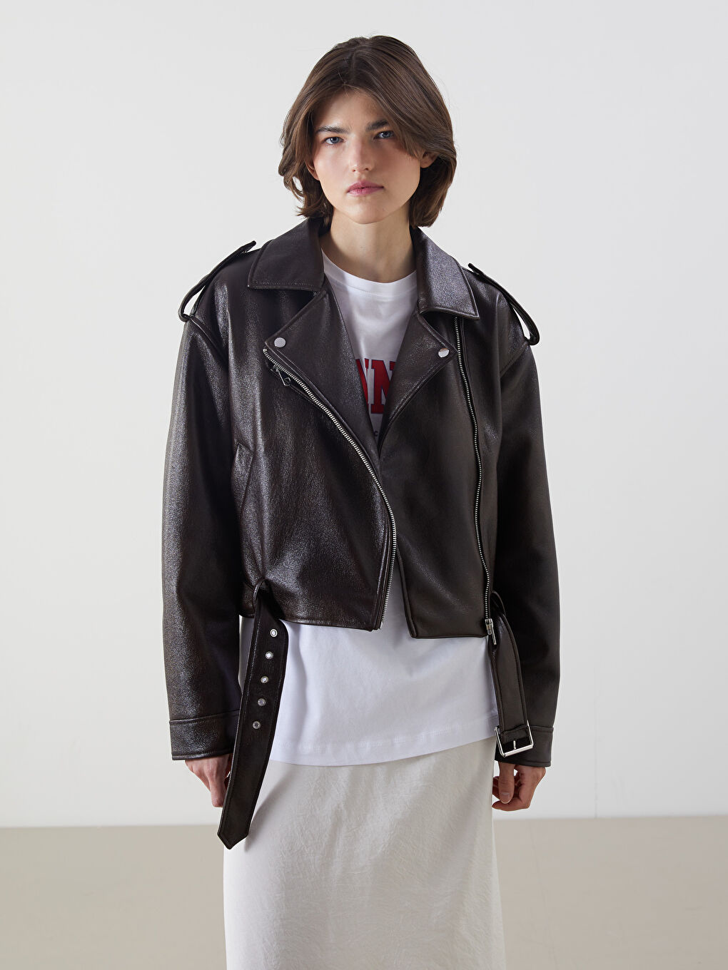 LCW Vision Biker Neck Crop Women's Faux Leather Jacket -W52611Z8-D7V
