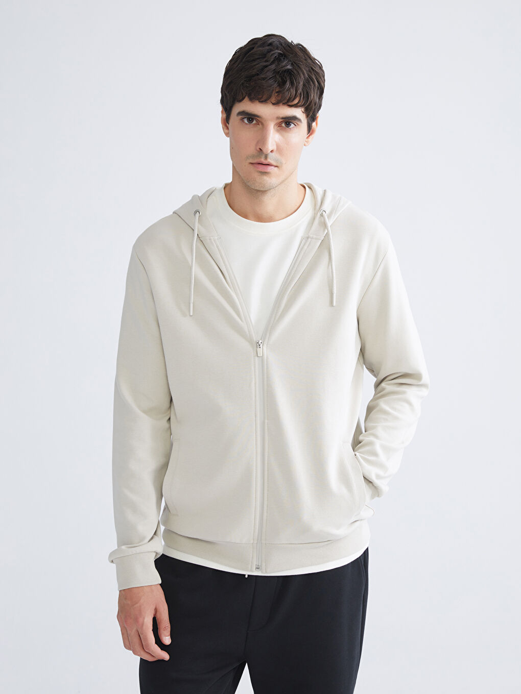 Gri Kapüşonlu Erkek Fermuarlı Sweatshirt-1