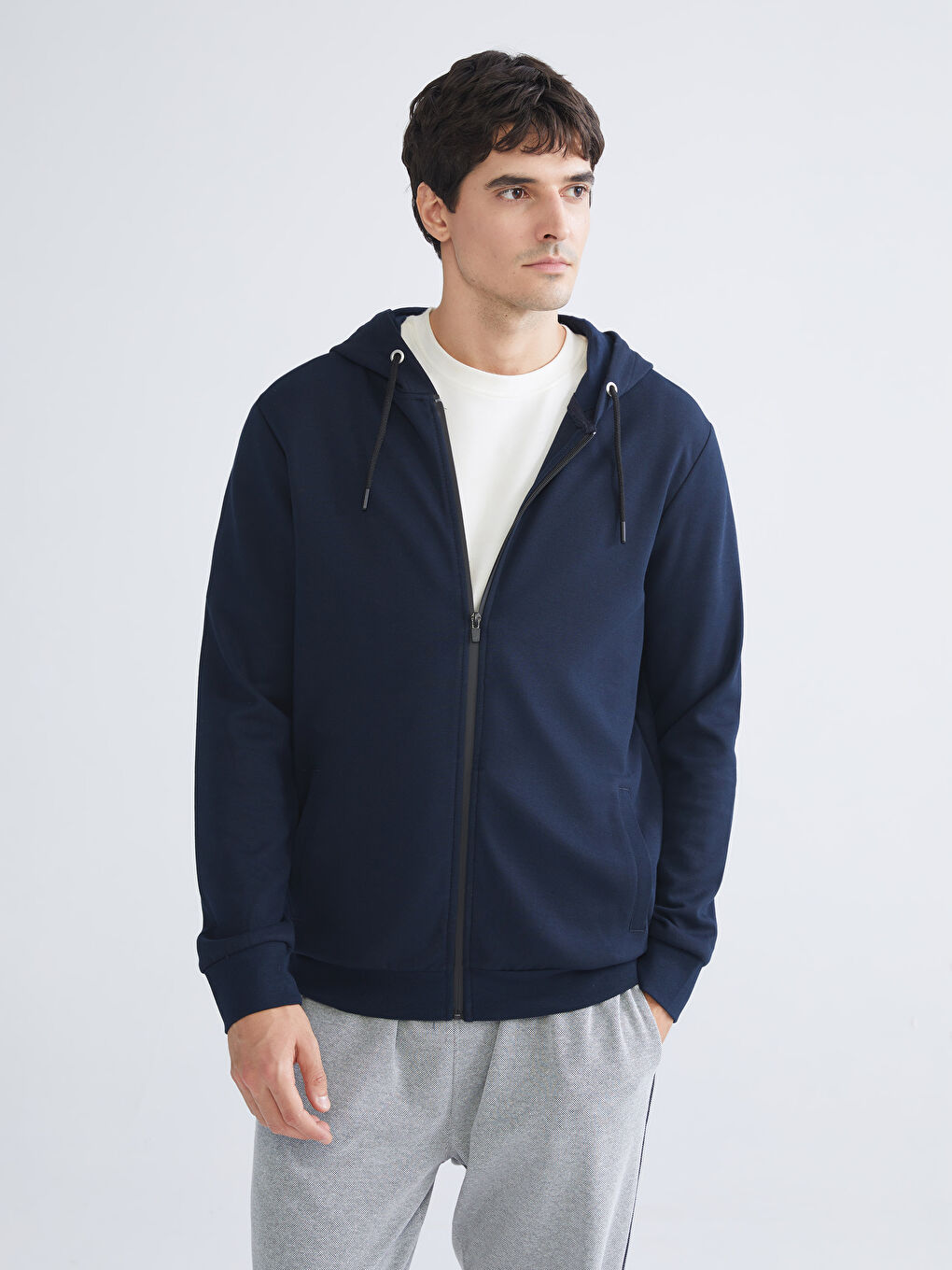 Lacivert Kapüşonlu Erkek Fermuarlı Sweatshirt