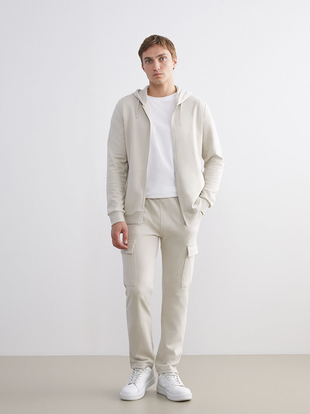 Gri Kapüşonlu Erkek Fermuarlı Sweatshirt-2