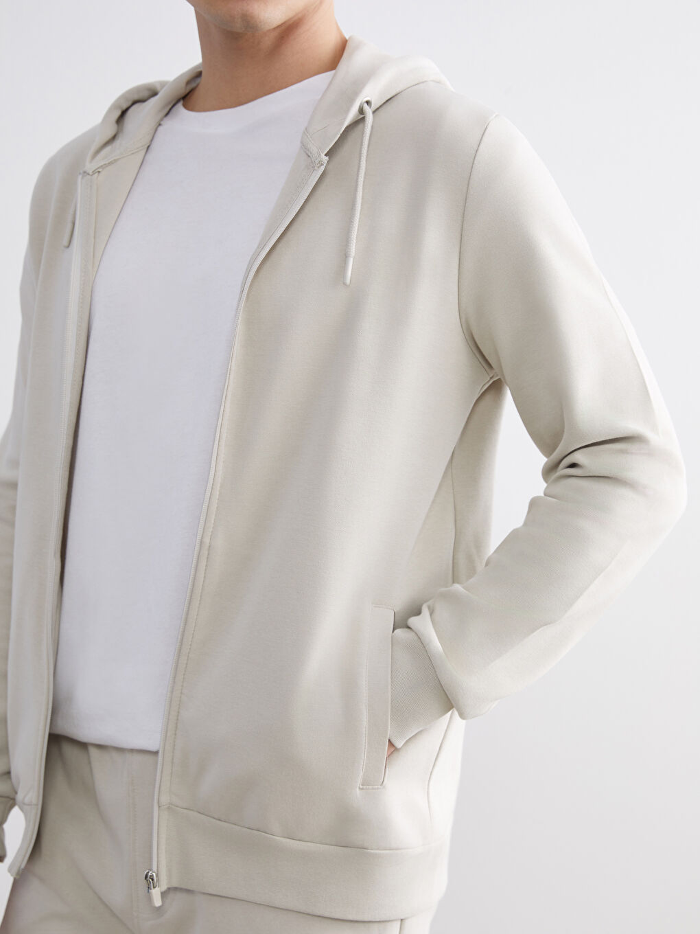 Gri Kapüşonlu Erkek Fermuarlı Sweatshirt-4
