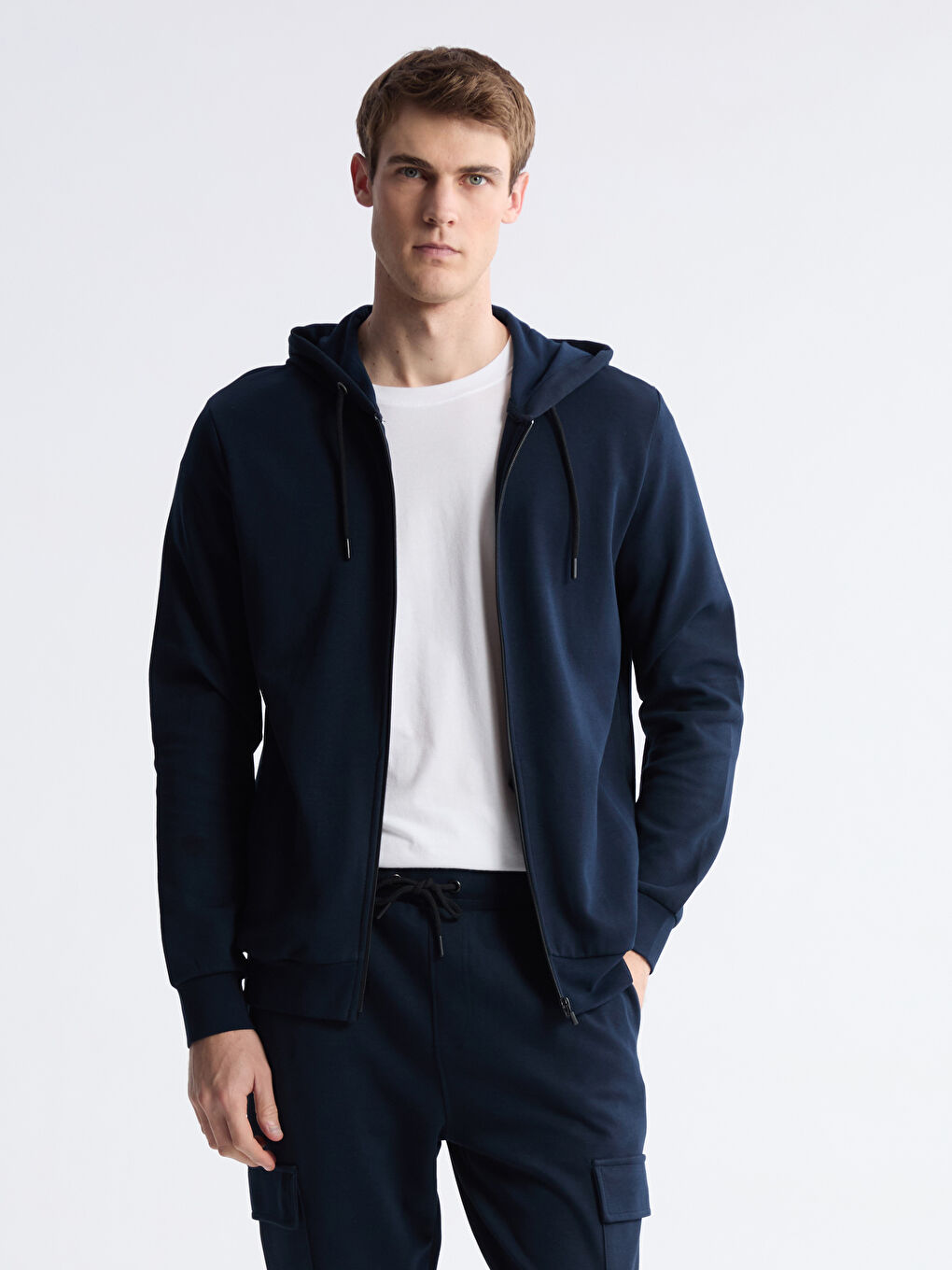 Lacivert Kapüşonlu Erkek Fermuarlı Sweatshirt-1