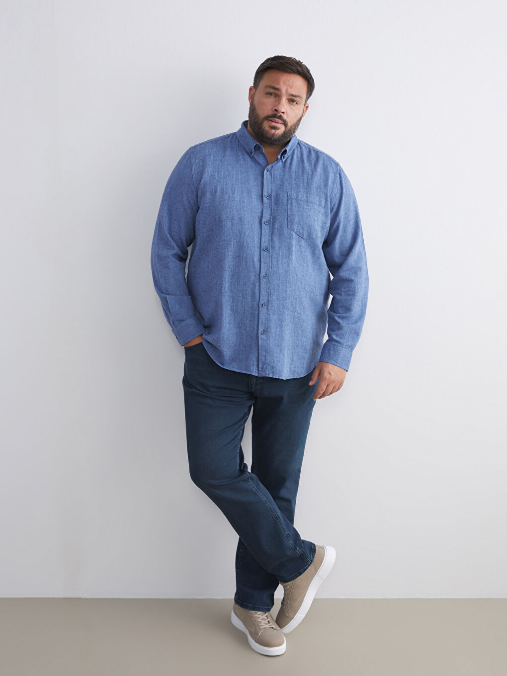 Regular Fit Long Sleeve Linen Blend Men's Shirt-5