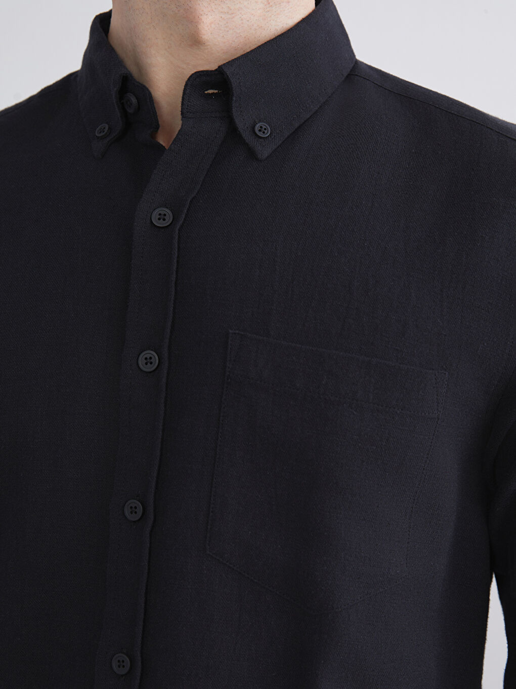 Siyah Regular Fit Uzun Kollu Keten Karışımlı Erkek Gömlek-2