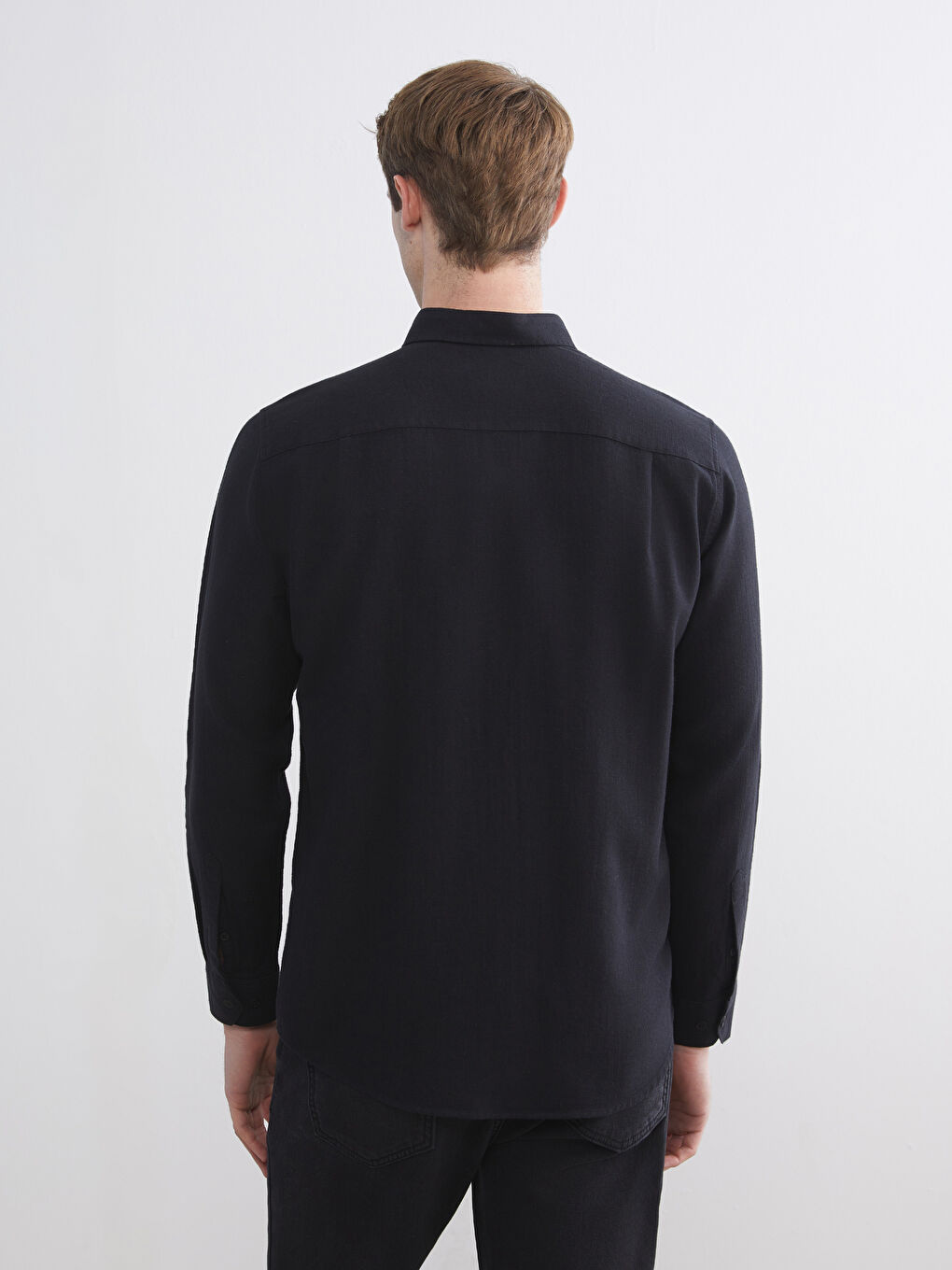 Siyah Regular Fit Uzun Kollu Keten Karışımlı Erkek Gömlek-3