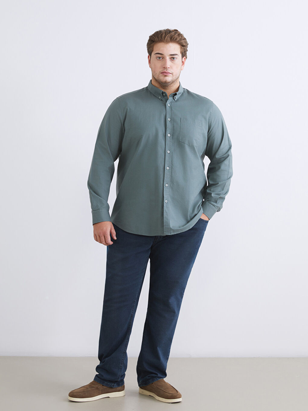 Yeşil Regular Fit Uzun Kollu Oxford Erkek Gömlek-9