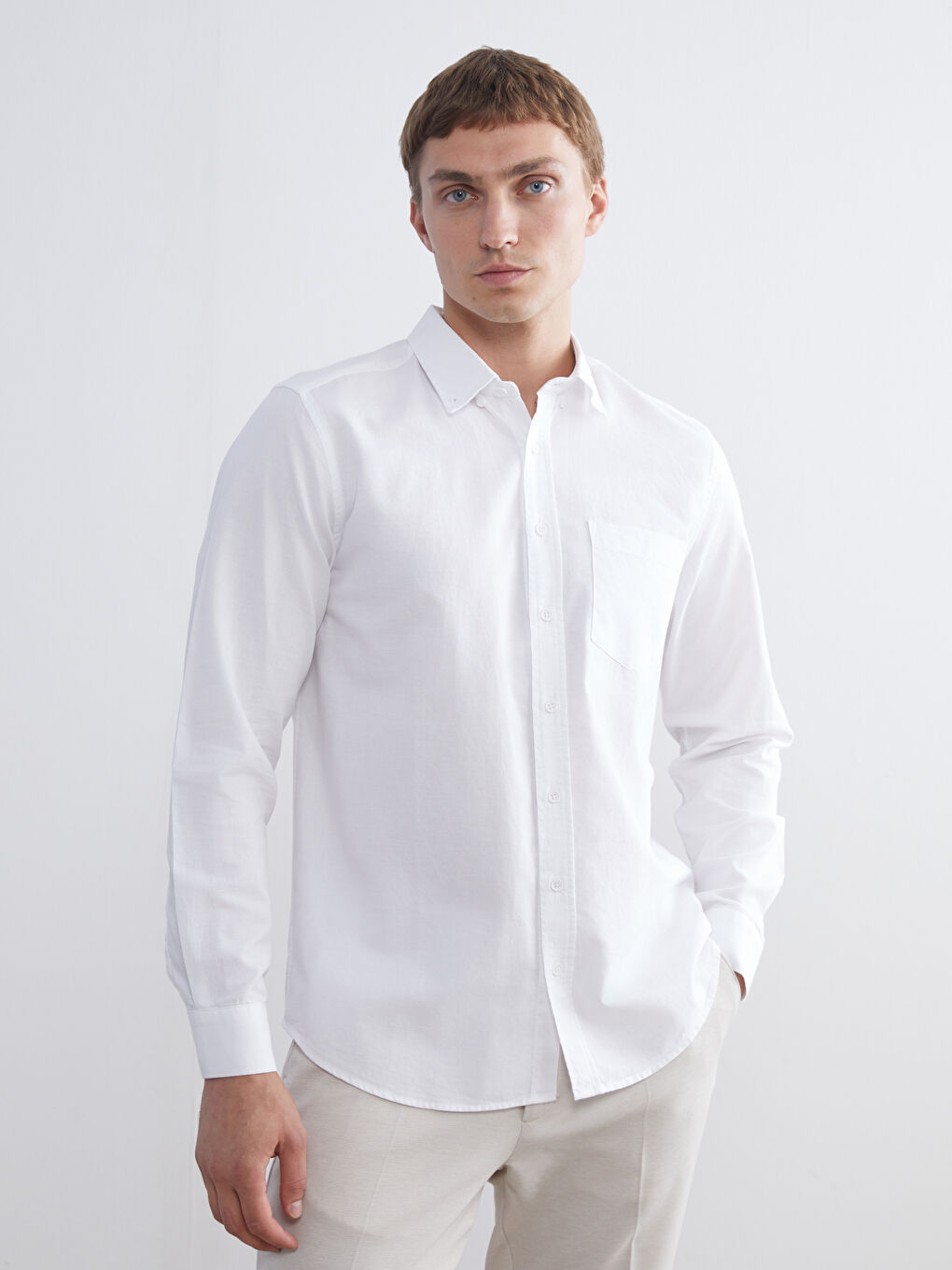 Beyaz Regular Fit Uzun Kollu Oxford Erkek Gömlek-2