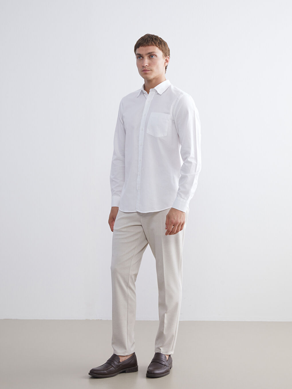 Beyaz Regular Fit Uzun Kollu Oxford Erkek Gömlek-3