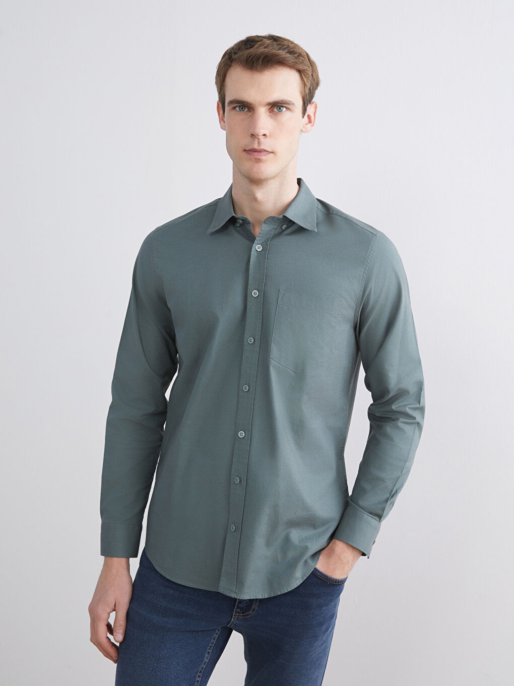 Yeşil Regular Fit Uzun Kollu Oxford Erkek Gömlek-1