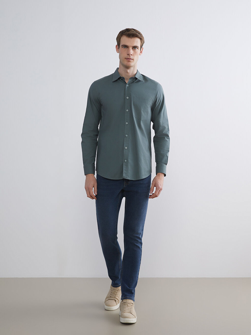 Yeşil Regular Fit Uzun Kollu Oxford Erkek Gömlek-3