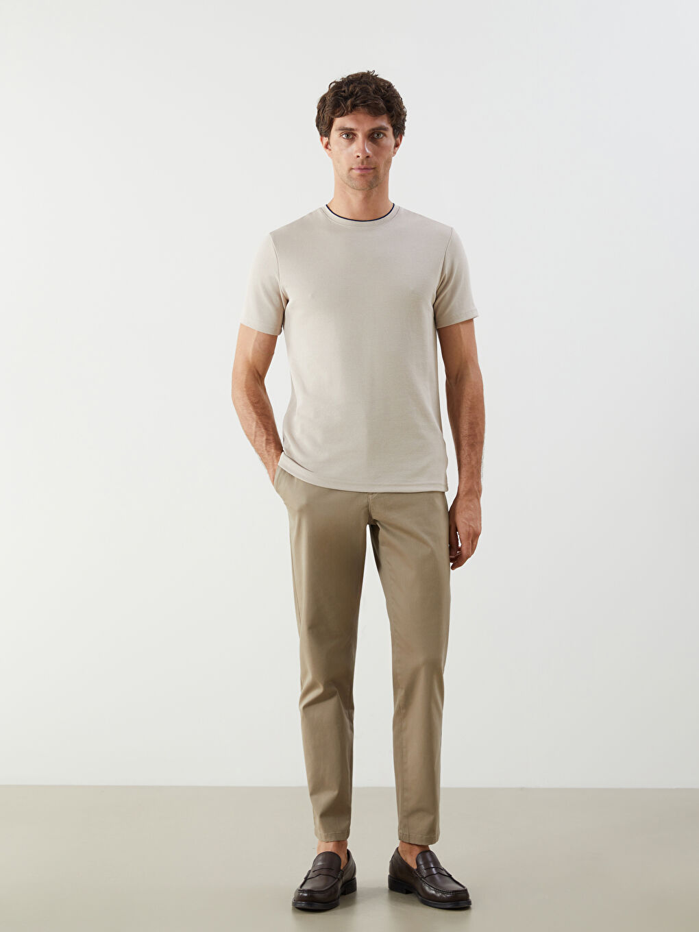 Bej Bisiklet Yaka Erkek Penye Dokulu Tişört-3