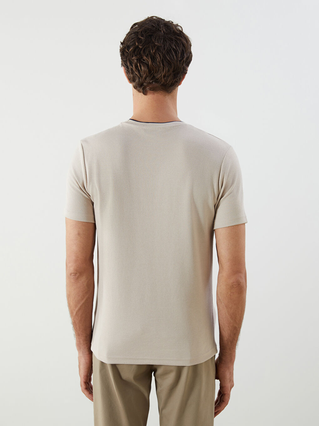 Bej Bisiklet Yaka Erkek Penye Dokulu Tişört-7