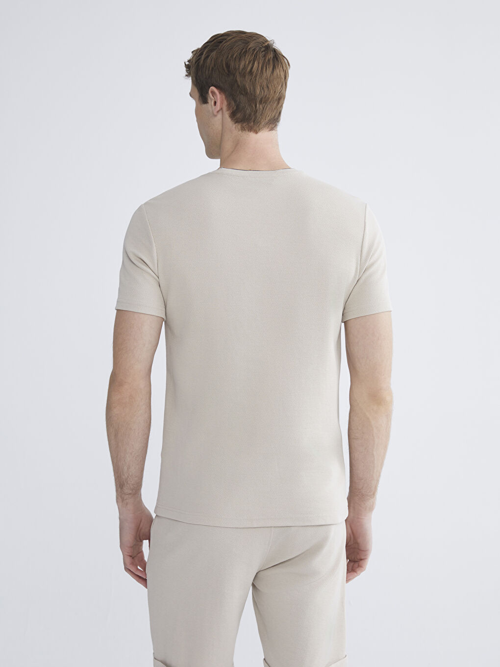 Bej Bisiklet Yaka Erkek Penye Dokulu Tişört-6