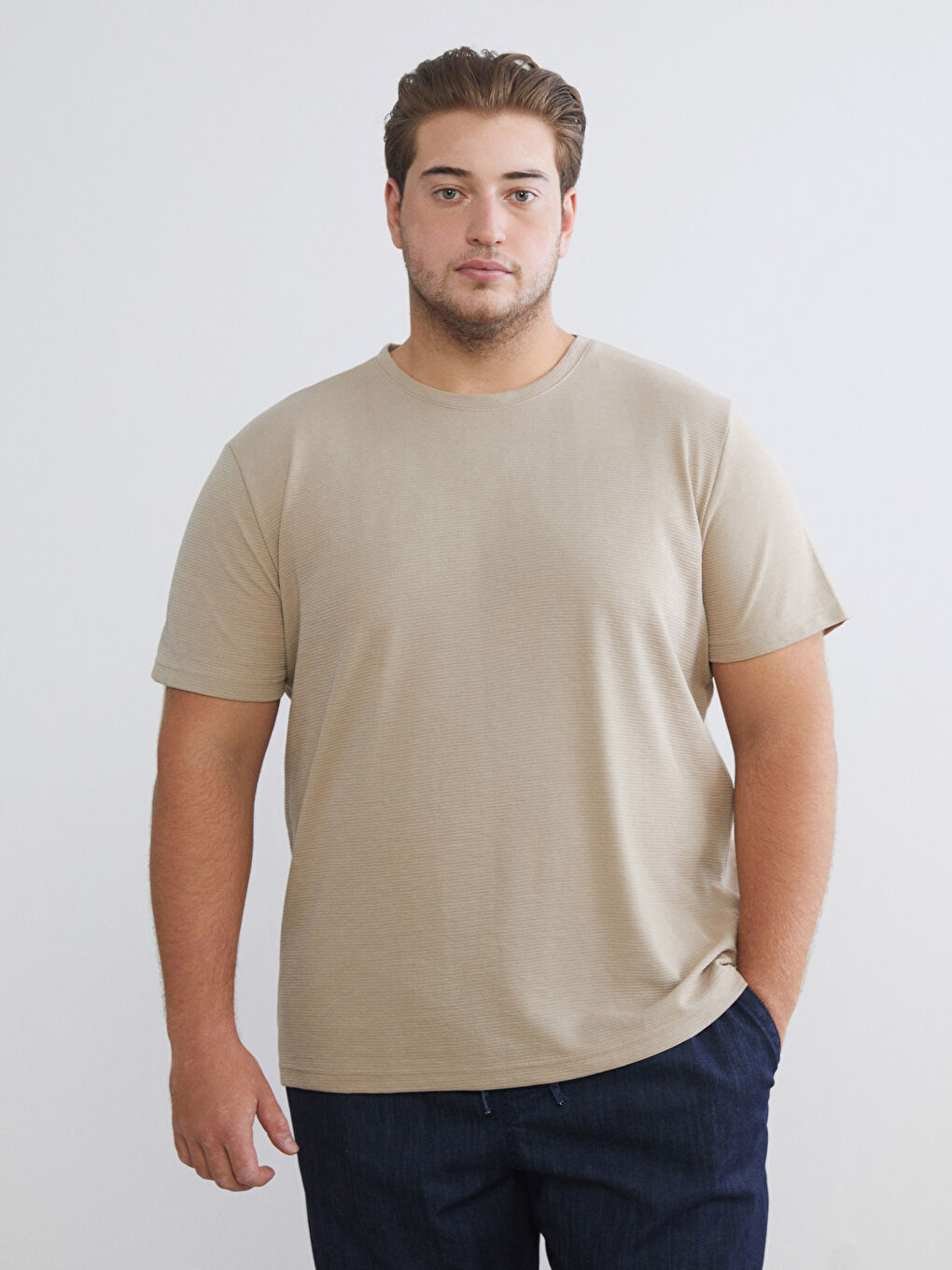 Bej Bisiklet Yaka Penye Erkek Tişört-1