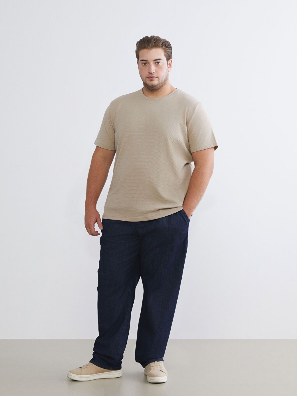 Bej Bisiklet Yaka Penye Erkek Tişört-10