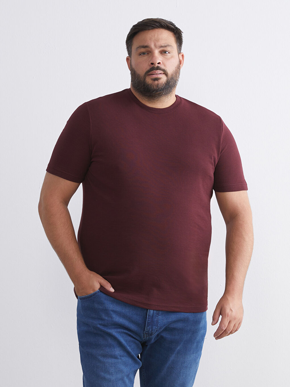 Bordo Bisiklet Yaka Penye Erkek Tişört-1