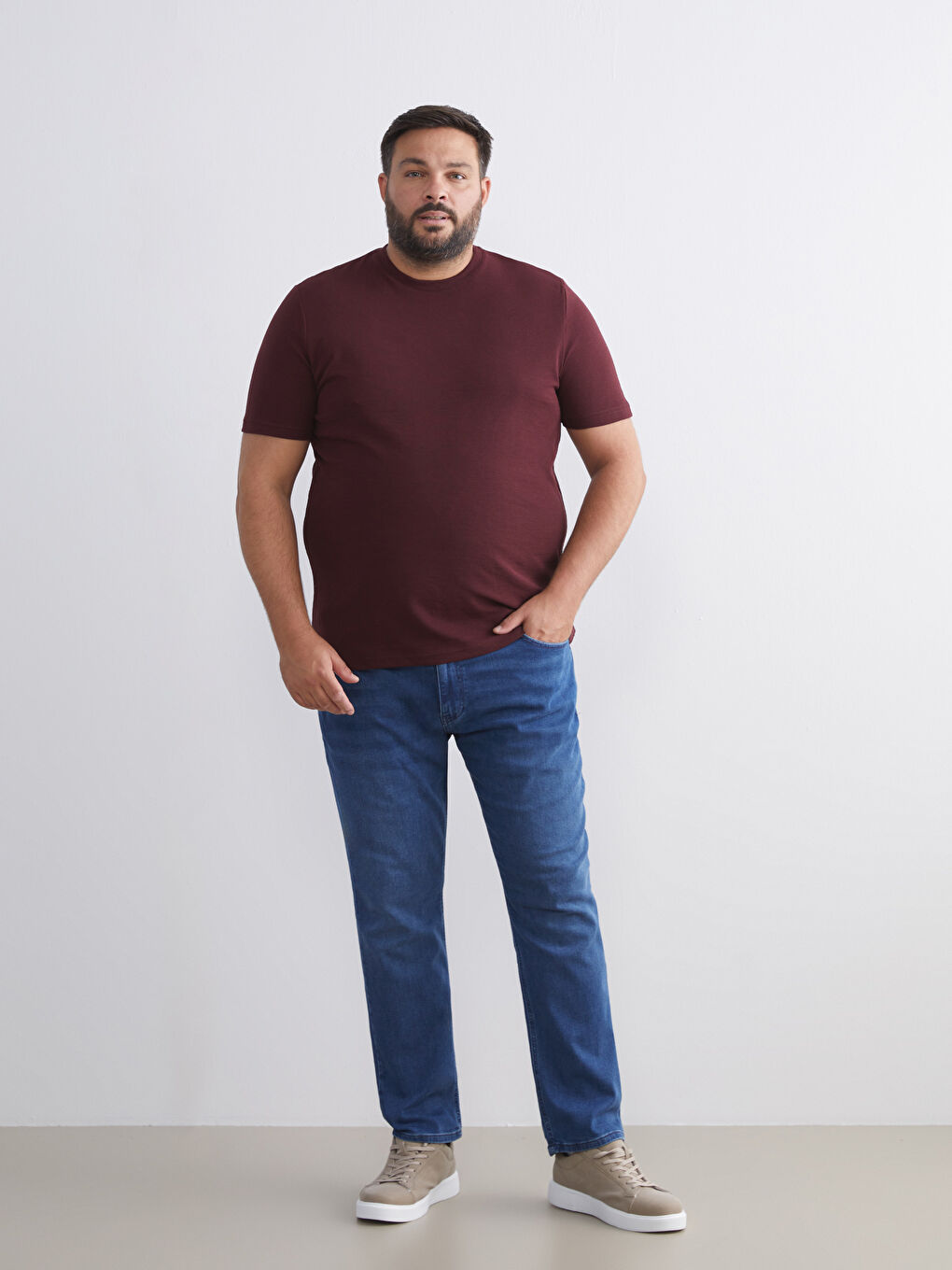 Bordo Bisiklet Yaka Penye Erkek Tişört-5