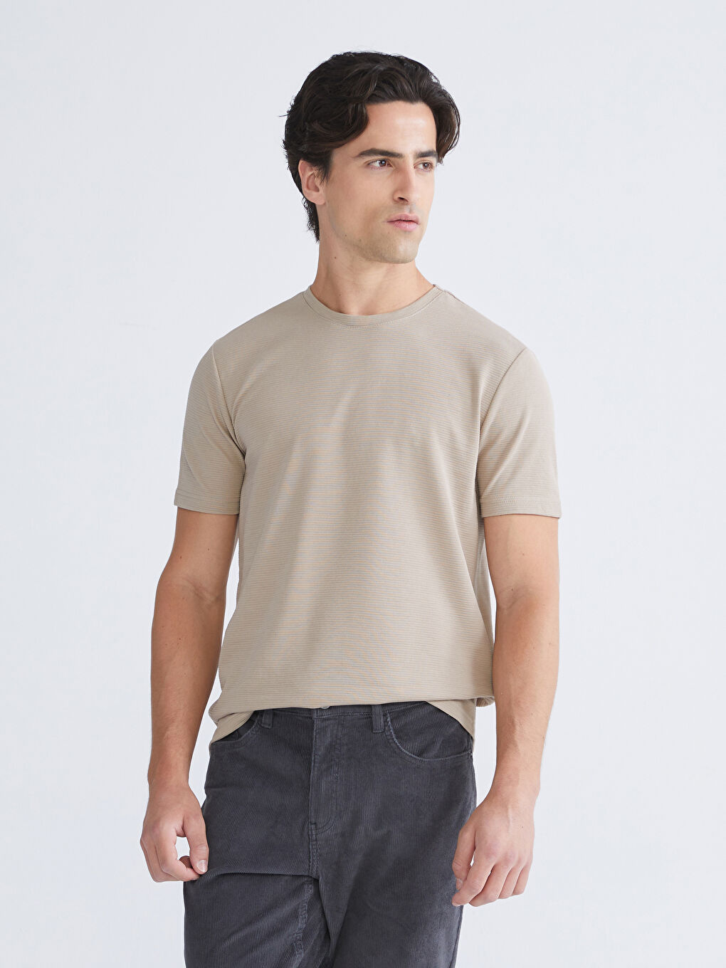 Bej Bisiklet Yaka Penye Erkek Tişört-2